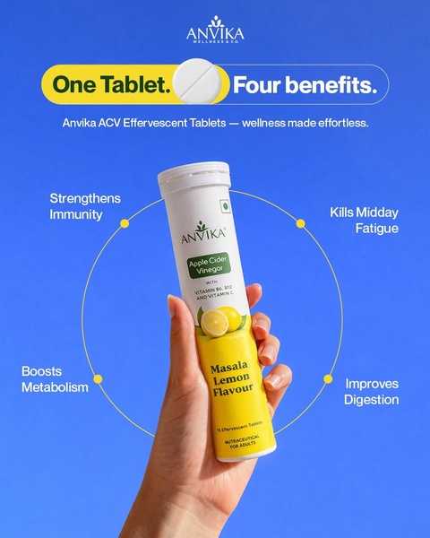 A high-clarity 4:5 creative showcasing an apple cider vinegar effervescent tablet with a clear four-benefit layout.